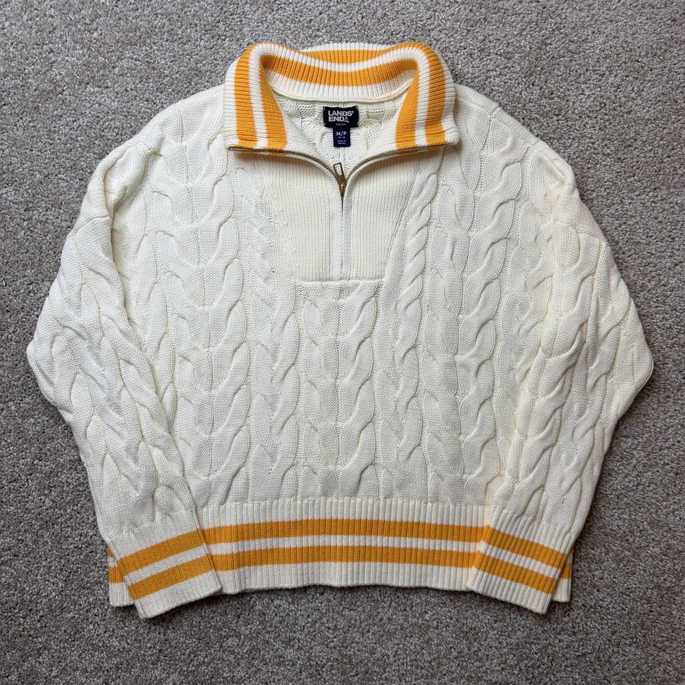 Lands' End Sweater Womens Medium White Cable Knit 1/4 Zip Mock Neck Striped Hem - Picture 1 of 8